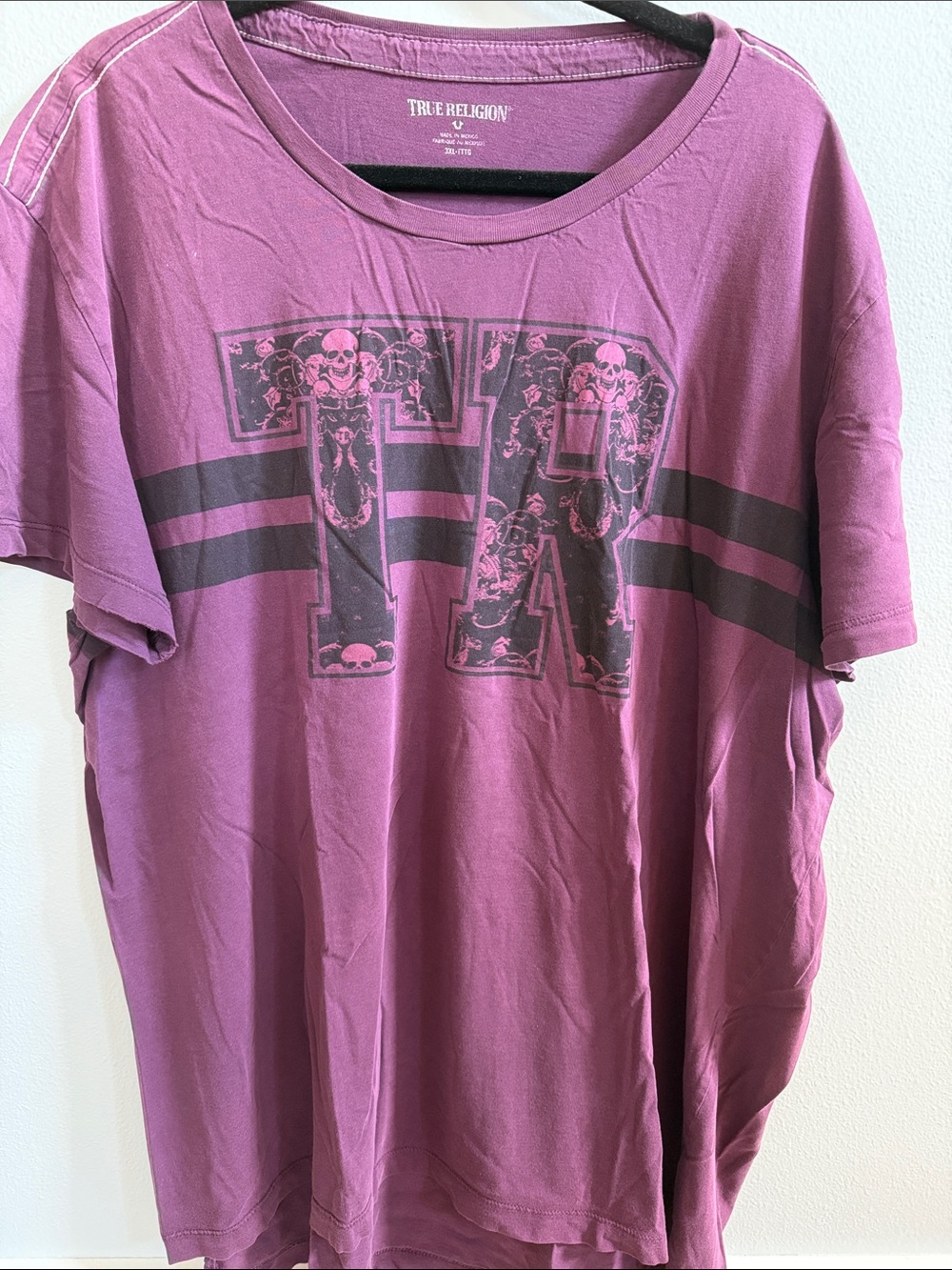 True Religion Mauve Graphic TR Short Sleeve Tee with Dark Gray Stripes